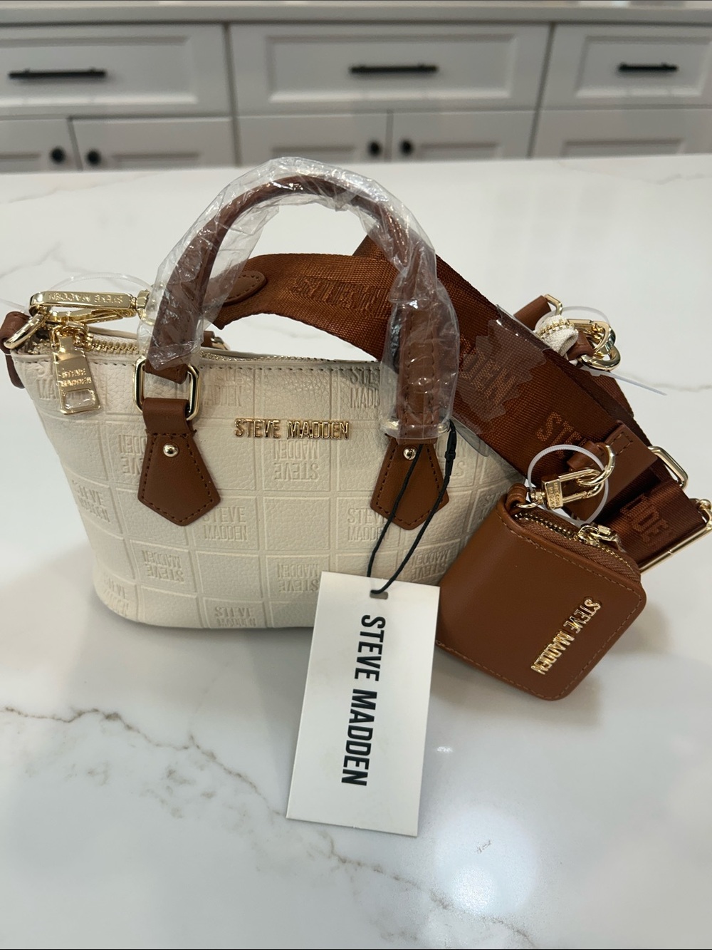 Steve Madden Cream and Tan Logo Mini Satchel with Strap